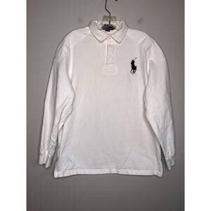 Y2K Polo Ralph Lauren Crisp White Big Pony Rubber Buttons Rugby Patches Shirt M